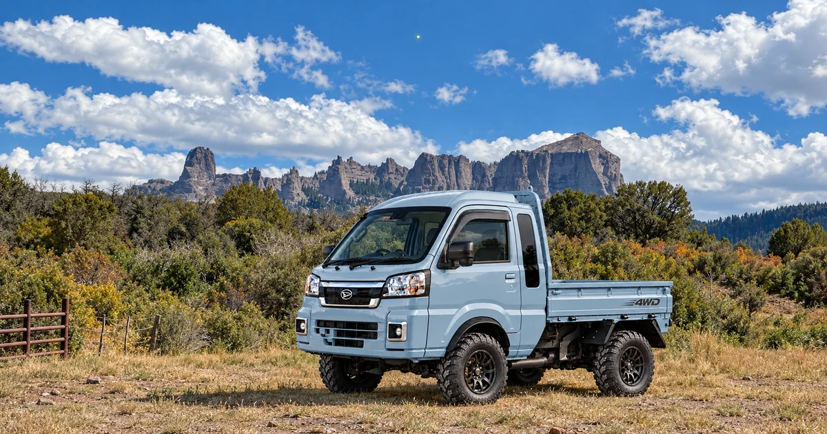 Generated silver-blue Hijet Jumbo beneath the photographed sandstone skyline